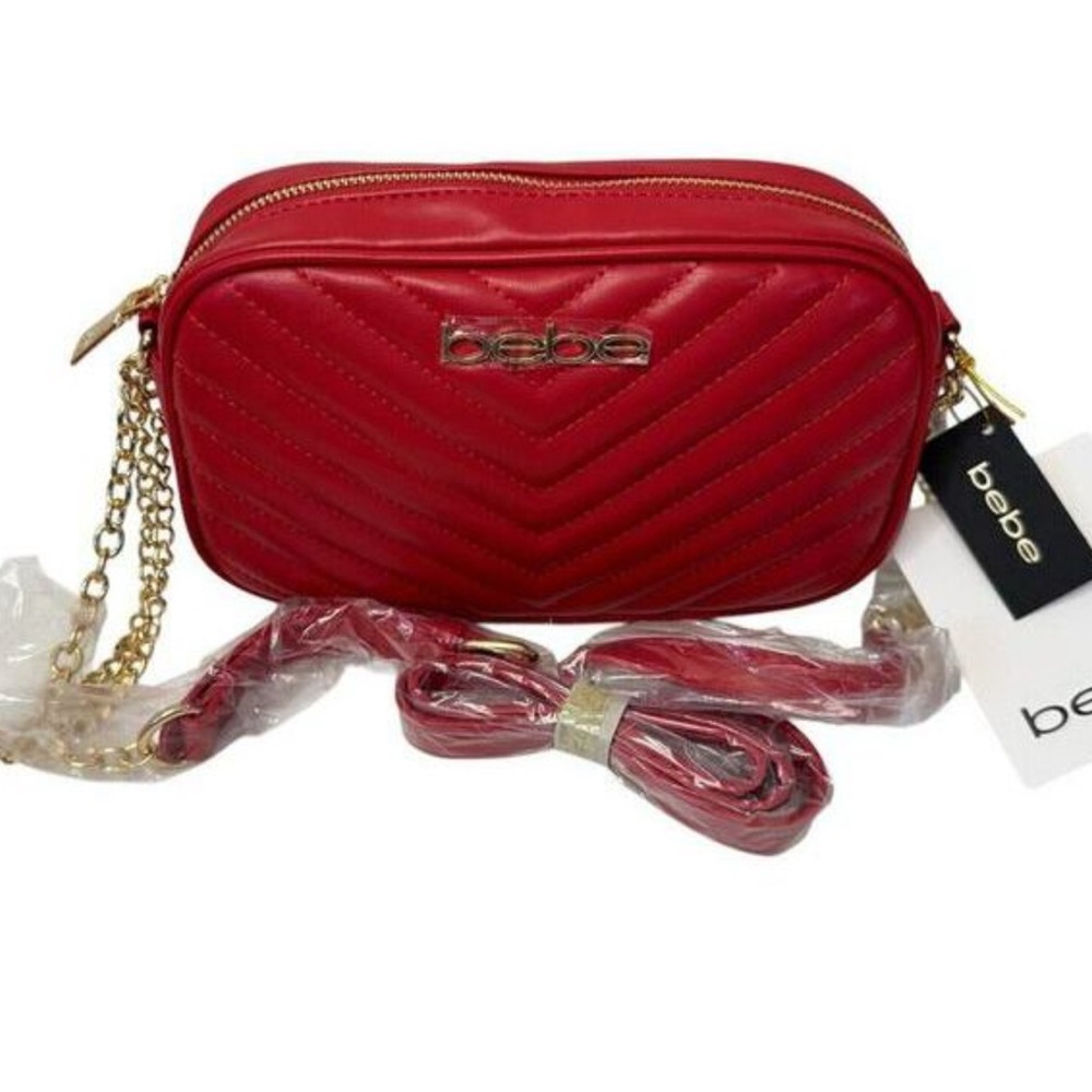 Bebe Tyler Camera Crossbody Quilted Bag with Gold Chain